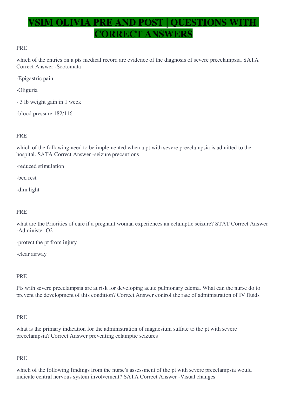 Preview image for VSIM OLIVIA PRE AND POST | QUESTIONS WITH CORRECT ANSWERS